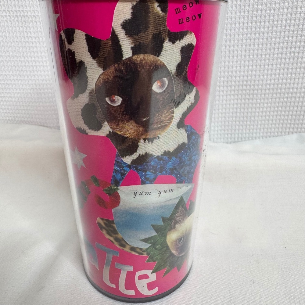 Vintage 2002 Starbucks Cat Collage Travel Tumbler Pink 16oz ThermoServ Meow Mug